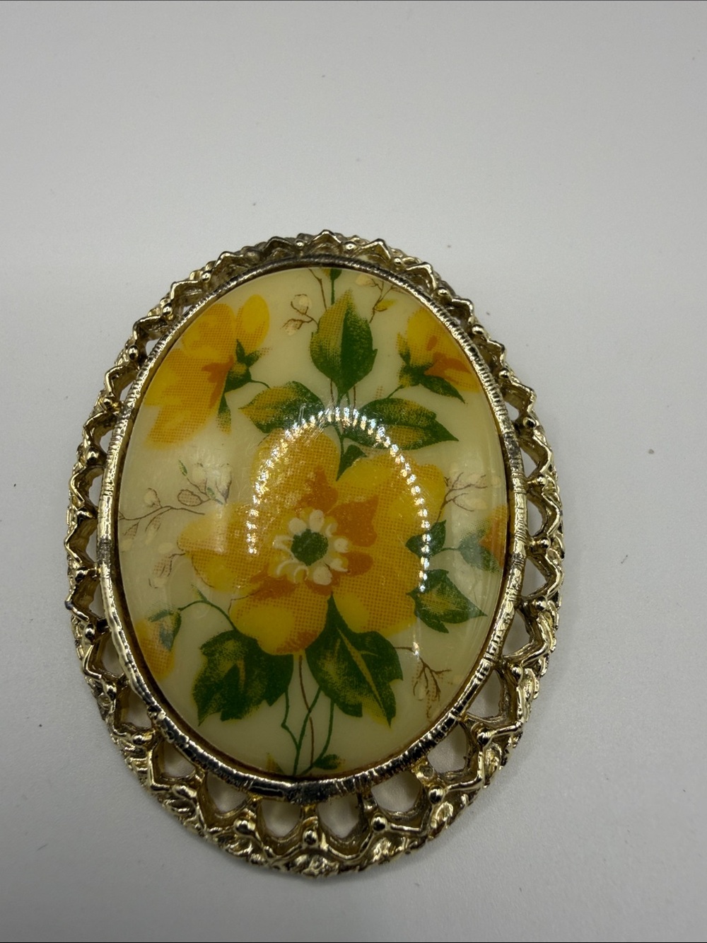 Yellow Floral Oval Cabochon Brooch - Women Jewelry